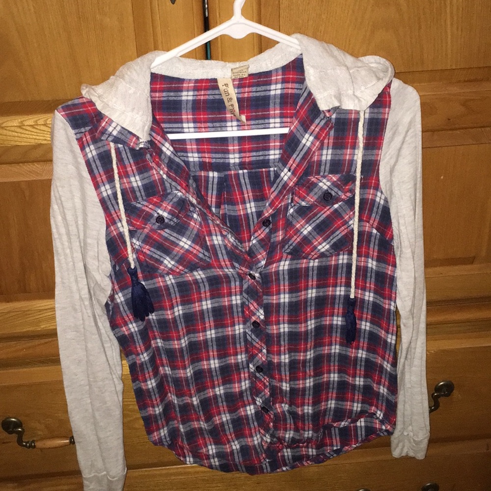 Red white and blue flannel with hood